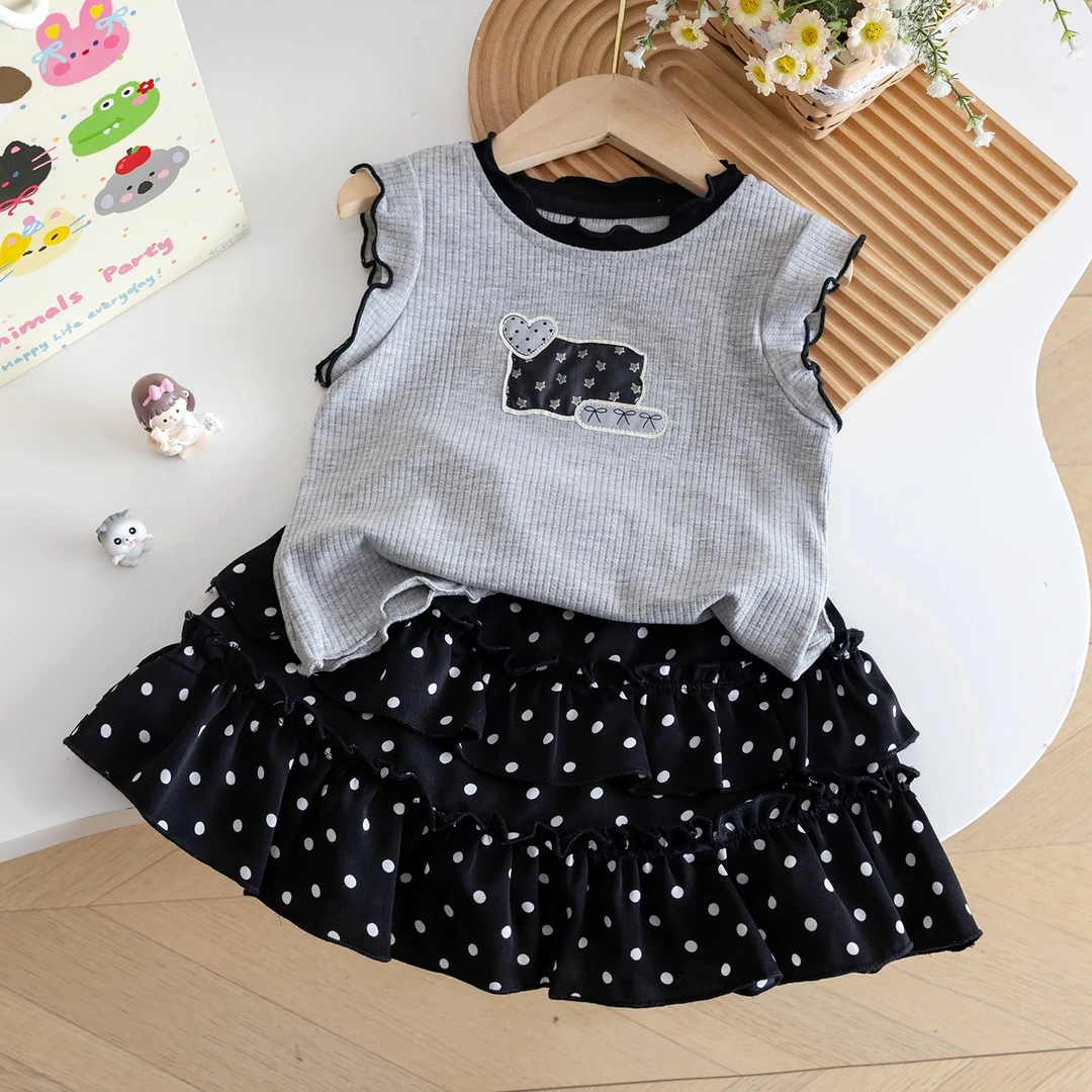 女童夏装洋气时髦儿童衣服女宝宝背心t恤+波点裤裙两件套夏装新