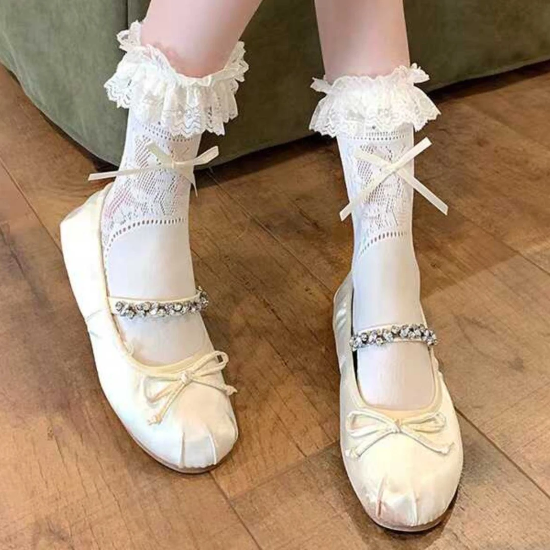 夏季薄款蕾丝花边中筒袜子甜美结镂空芭蕾风小腿袜lolita白色