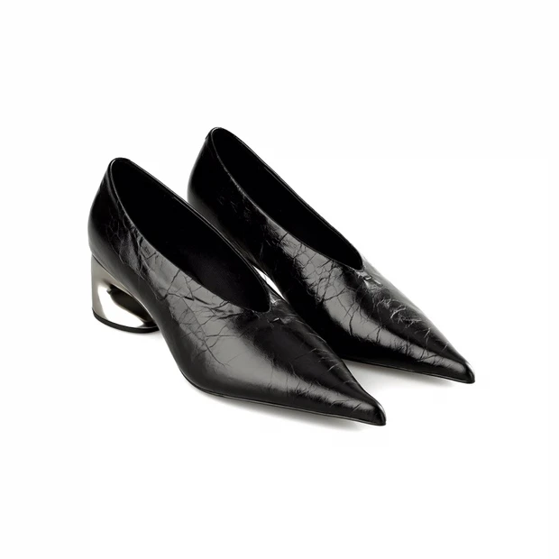 MY WANTS 裂皮纹低跟尖头单鞋时尚气质舒适通勤MW2A1101-155