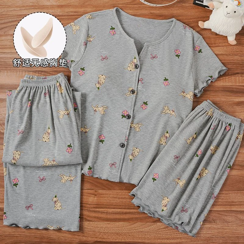 莫代尔睡衣女带胸垫2025夏季短袖短裤长裤三件套印花家居服可外穿
