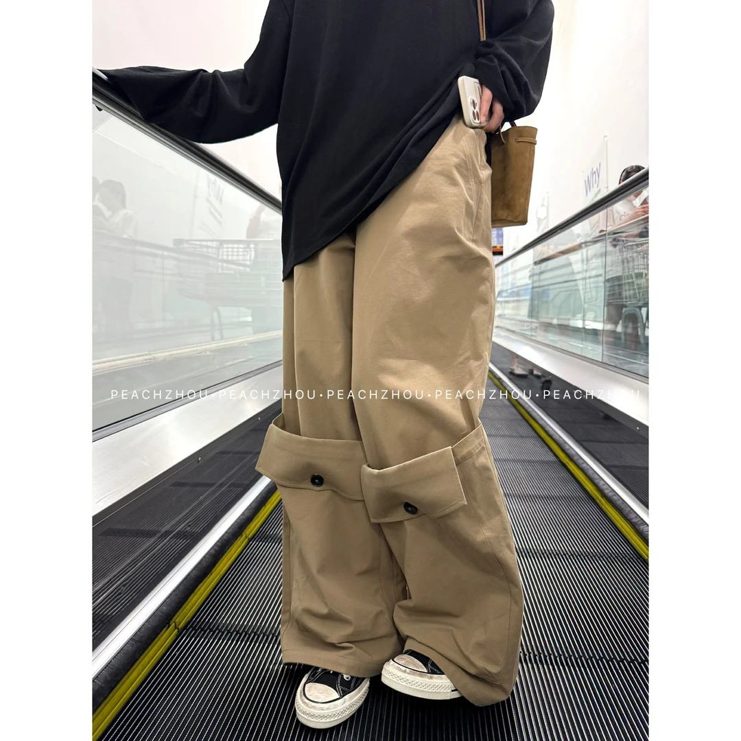『PEACHZHOU』大口袋裤脚工装宽松直筒休闲裤松紧腰美式阔腿长裤女