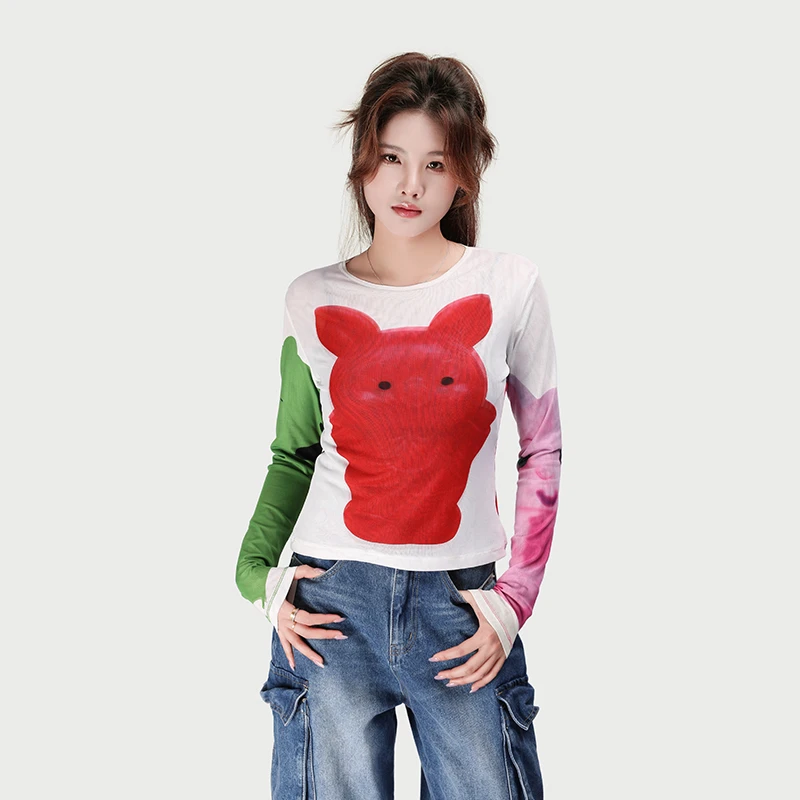 JY4SYC33948小猪双面网纱夏季轻薄款防晒长袖T恤上衣