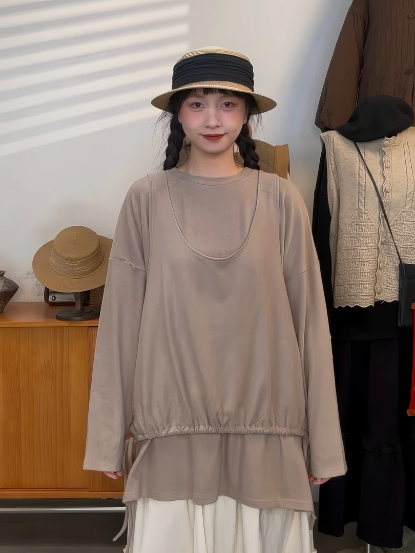 火火【两件套】日系新款超柔软设计师款背心长袖圆领绑带宽松显瘦女