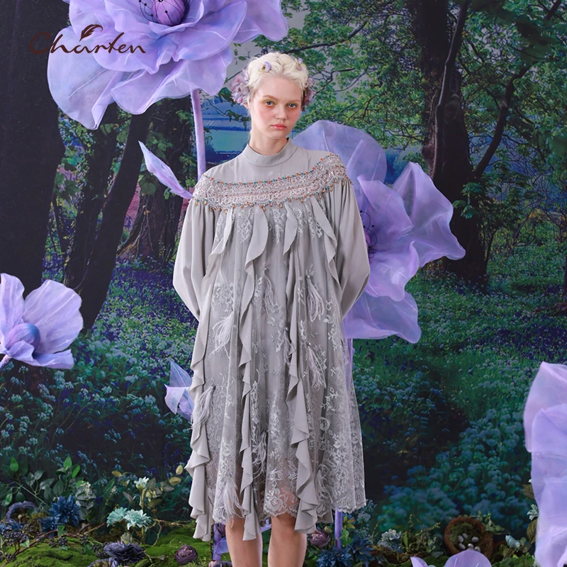 【媛媛专享】朝峰新款荷叶蕾丝女士连衣裙CFC1D028-059G