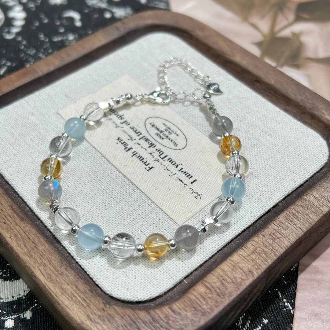 【多宝星球】海蓝宝灰月光黑发晶黄塔晶白水晶多宝手链