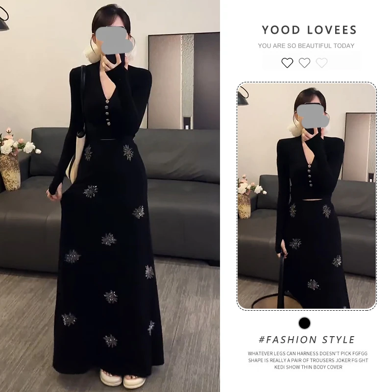 2025新款巨好看的春秋一整套法式v领长袖上衣烫钻半身裙两件套装
