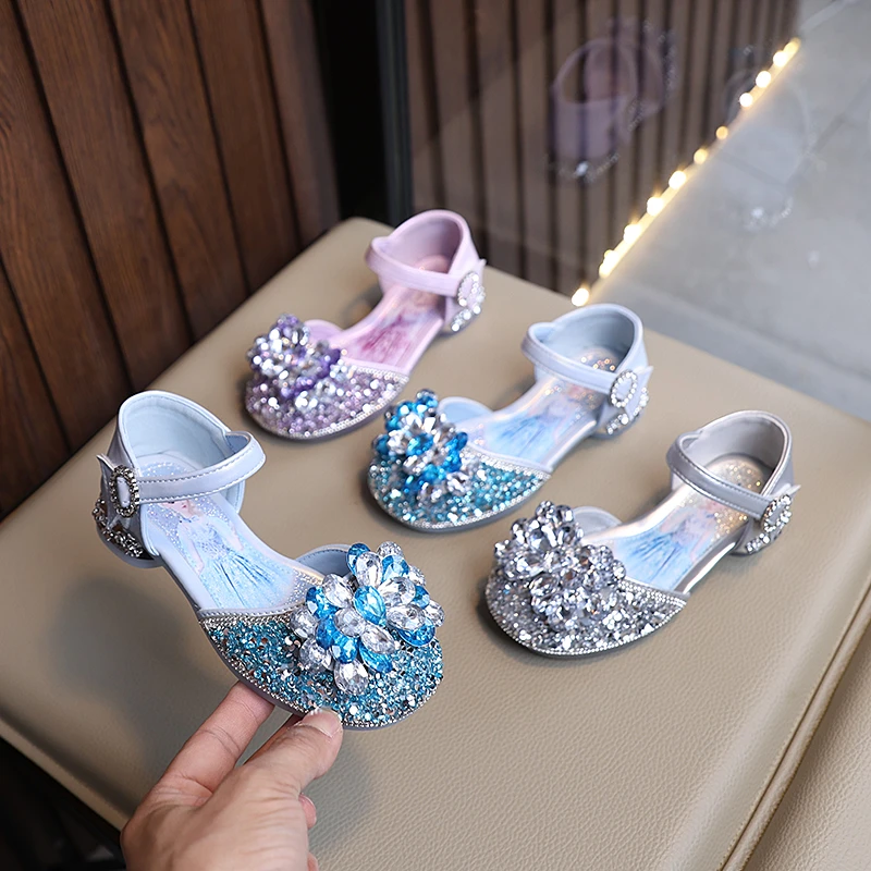 爱莎公主鞋女童凉鞋时尚水晶花鞋子2025年夏季新款儿童包头高跟鞋
