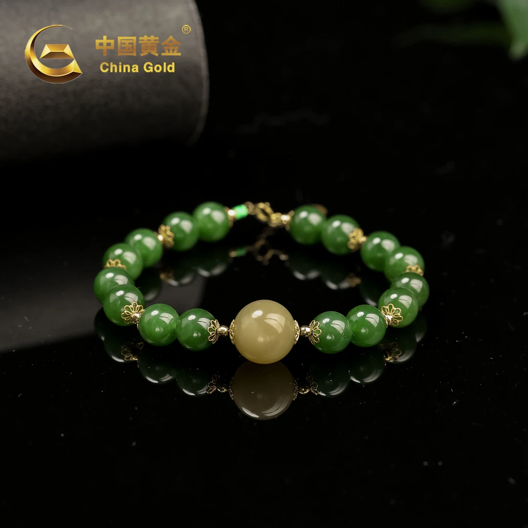 【中国黄金】竹青 | 和田玉*手串*18k金镶嵌-S3222-格