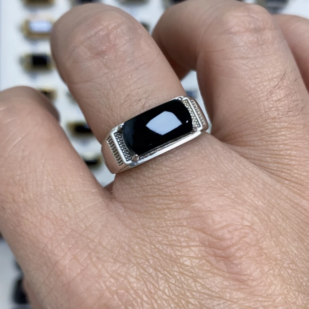 翡翠银S925镶嵌戒指墨翠戒指