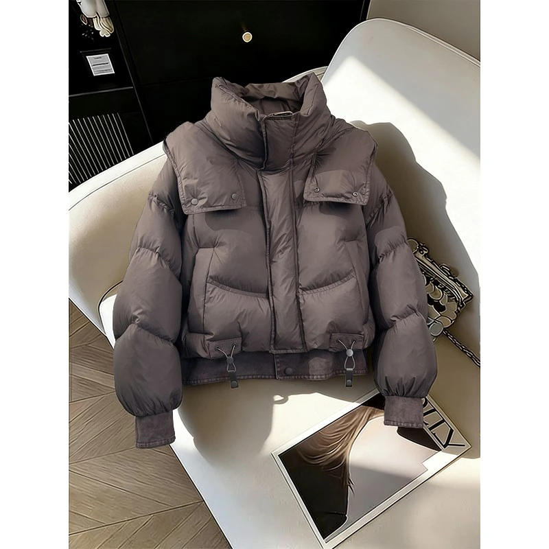 云朵泡芙连帽棉服女士短款2025冬季新款小个子加厚保暖面包服外套