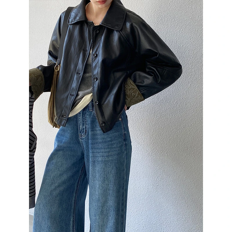 江左 复古翻领拼接黑色工装皮衣外套女早秋甜酷风宽松夹克
