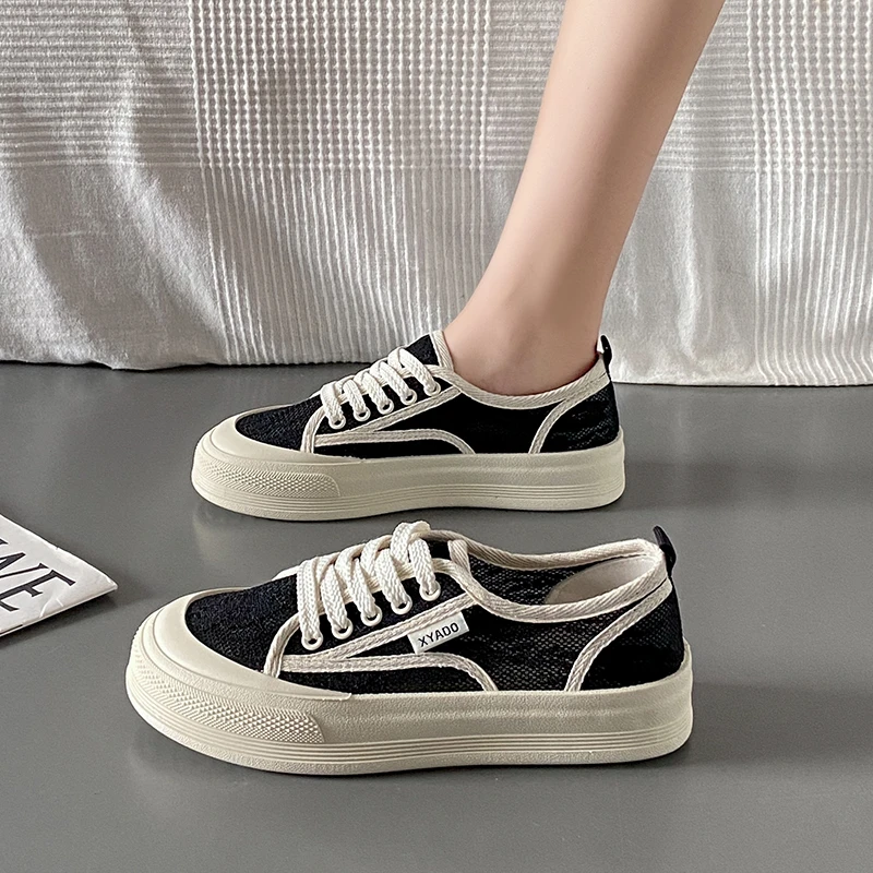 春夏新款女生休闲透气网面板鞋C06-【黑色】