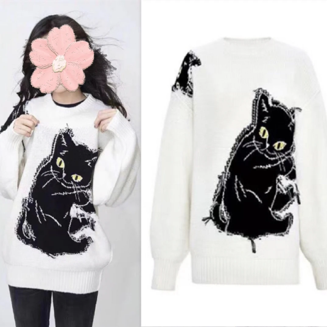 明星同款猫咪针织衫女秋冬新款韩版宽松百搭毛衣潮