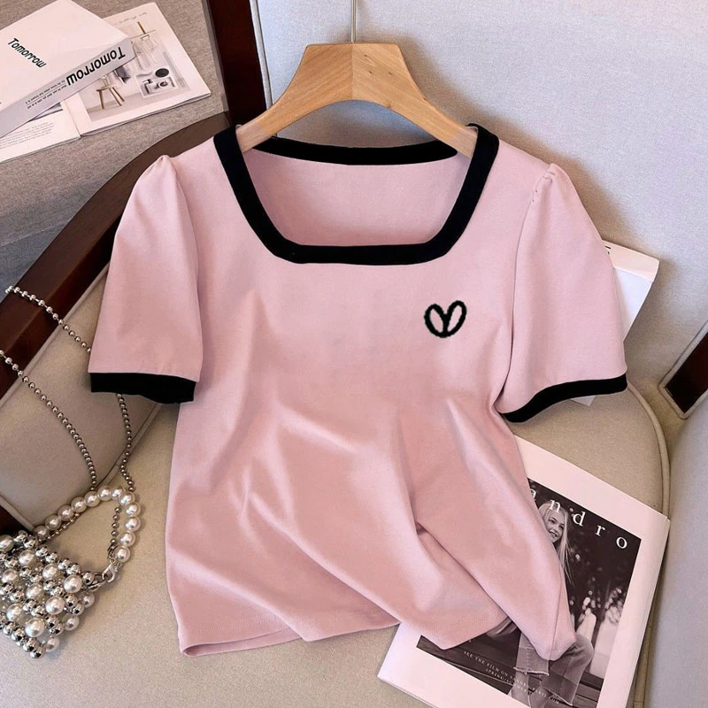 大码时尚正肩爱心印花撞色短袖t恤女设计感百搭遮肚显瘦上衣ins潮