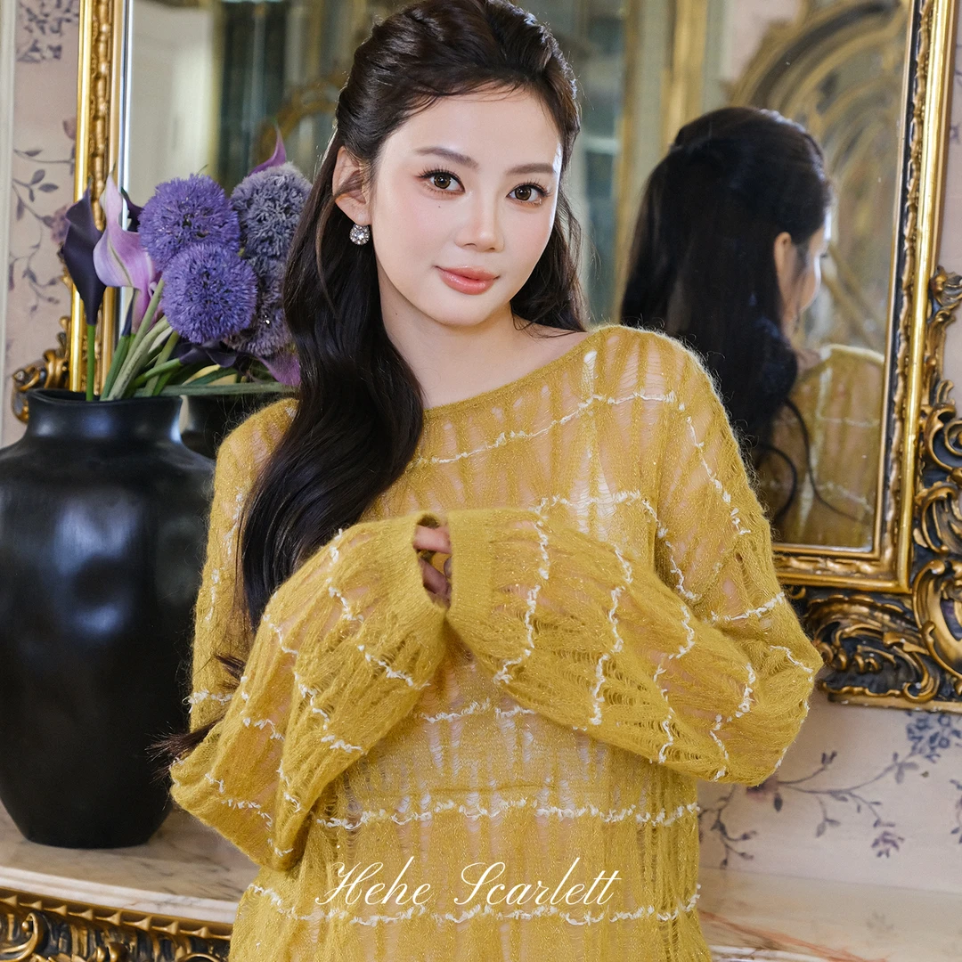 你的呵呵scarlett|镂空钩编针织衫 织金花纱条纹马海毛绵羊毛