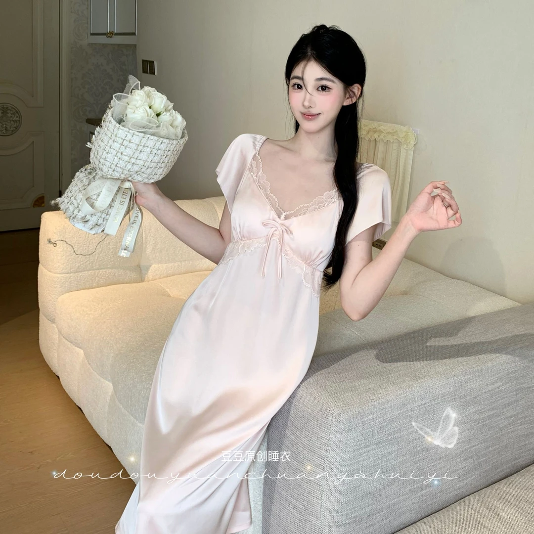 柔柔【花语】柔光丝短袖睡裙高腰显瘦夏季显高显白睡衣女