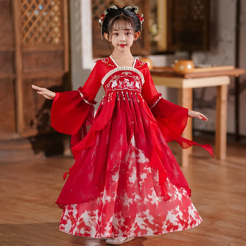 女童汉服春秋季连衣裙小女孩超仙中国风唐装飘逸襦裙儿童表演服