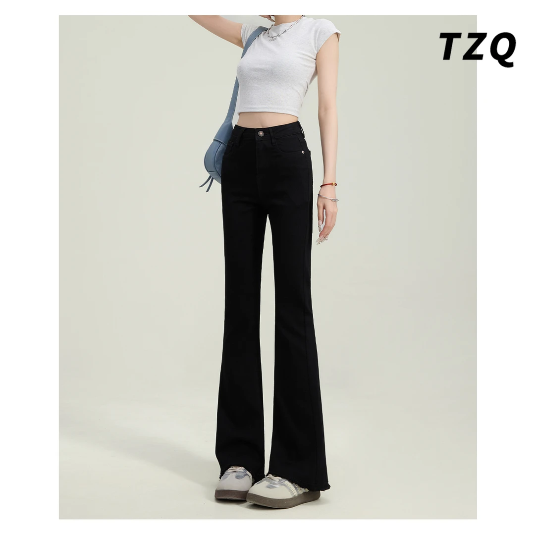 高腰毛边牛仔裤女2025新款美式高街百搭显瘦修身微喇裤TZQ2521957