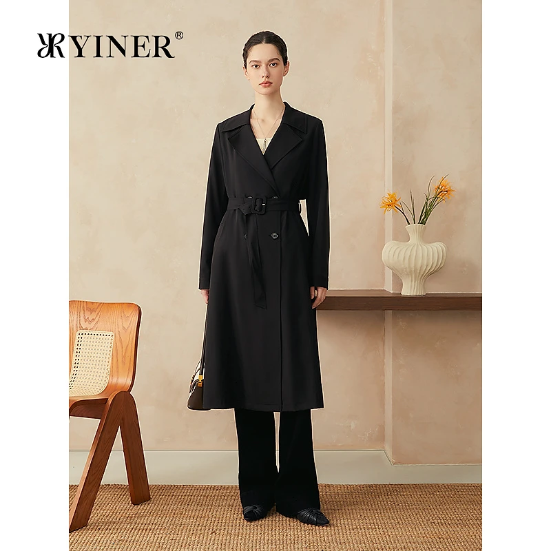 YINER音儿2025春季新款优雅长款双排扣经典廓形翻领风衣外套