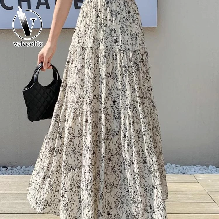 VALVOELITE法式雪纺碎花半身裙女夏季高腰垂感百褶中长款大摆伞裙