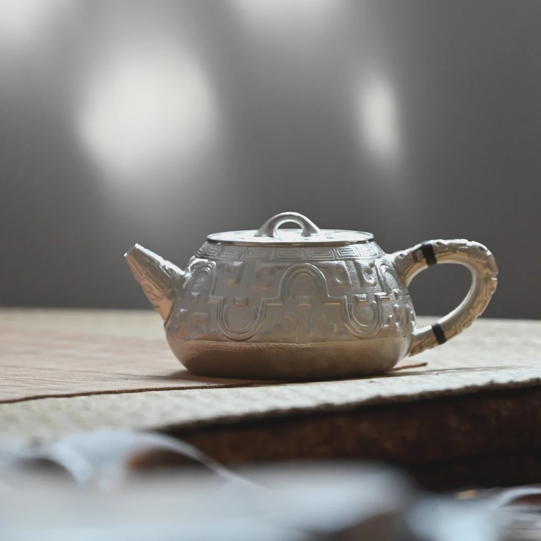 儒益文创《大石瓢》银壶纯银999泡茶壶大容量祥云手纹纯手工茶壶