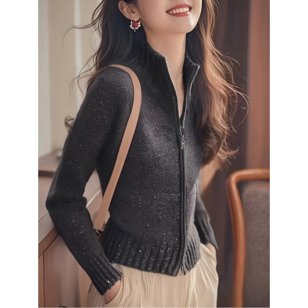 灰色双拉链立领针织2024新款秋季毛衣外套休闲百搭长袖上衣