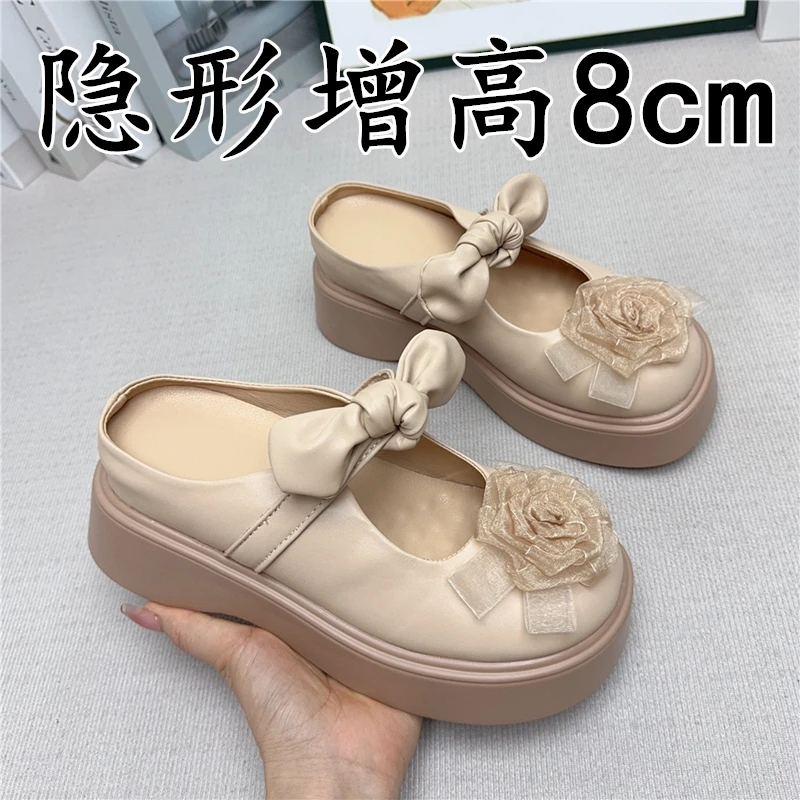 小个子内增高厚底包头半拖鞋女外穿山茶花蝴蝶结气质配裙子凉拖鞋