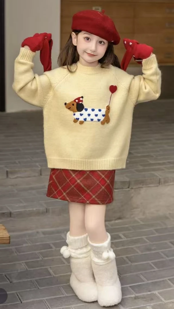 2025秋季卡通小狗休闲风少女风圆领小童毛衣女童长袖百搭
