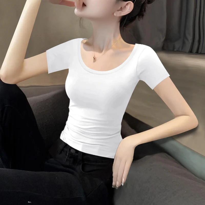 2025新款早春圆领短袖T恤女黑色打底衫正肩显瘦修身上衣百搭女装T