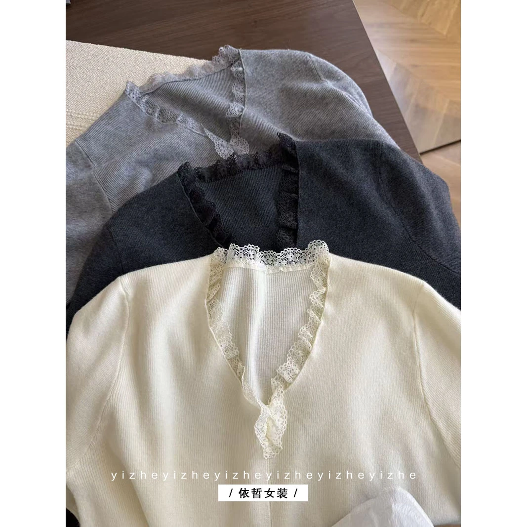 “”蕾丝打底“”开衫毛衣衫休闲简约 柔和素净 长袖针织衫百搭