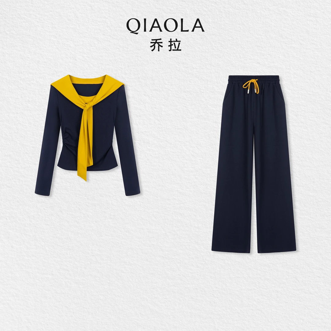 QIAOLA/乔拉【日落大道】秋季弹力针织假两件时尚百搭显瘦套装