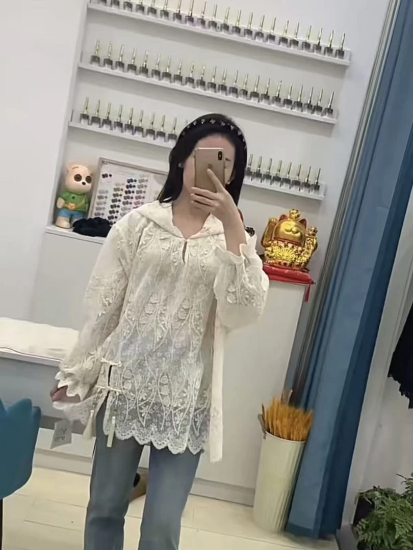 秋季新中式高级感宽松显瘦上衣中国风刺绣连帽大码蕾丝衫412236