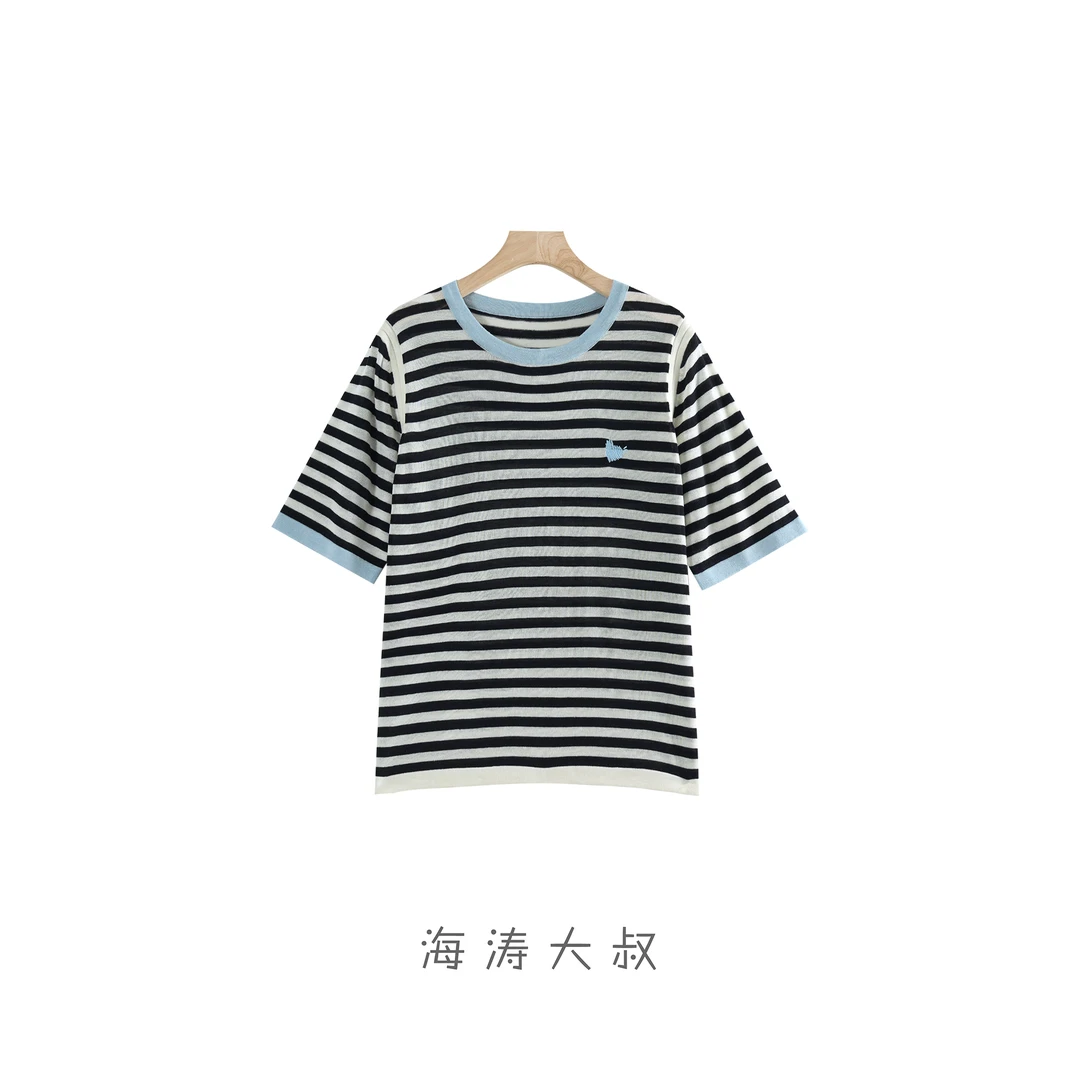 【海涛大叔】天丝亚麻撞色边条纹针织T恤