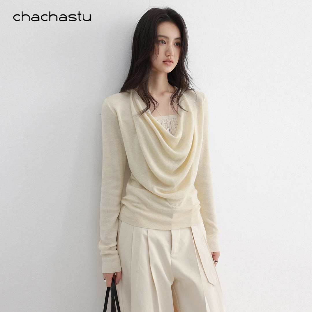 CHACHASTU 气质极简荡领正肩长袖针织衫修身显瘦套头上衣F251070