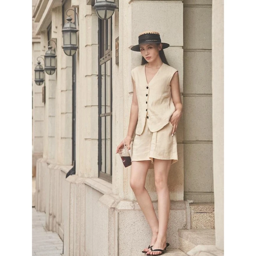 TOFOD “加州”进口比利时亚麻v领无袖马甲西装上衣短裤套装DDY151