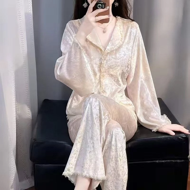 秋冬季睡衣女仙女风金钻绒长袖套装蕾丝开衫家居服可外穿加厚保