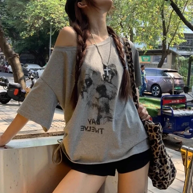 大码胖MM美式复古街头狗印花短袖T恤女抽绳辣妹上衣女