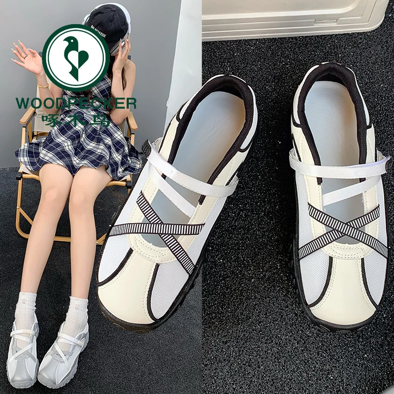 啄木鸟内增高厚底芭蕾德训鞋女2025夏款透气网面玛丽珍运动休闲鞋