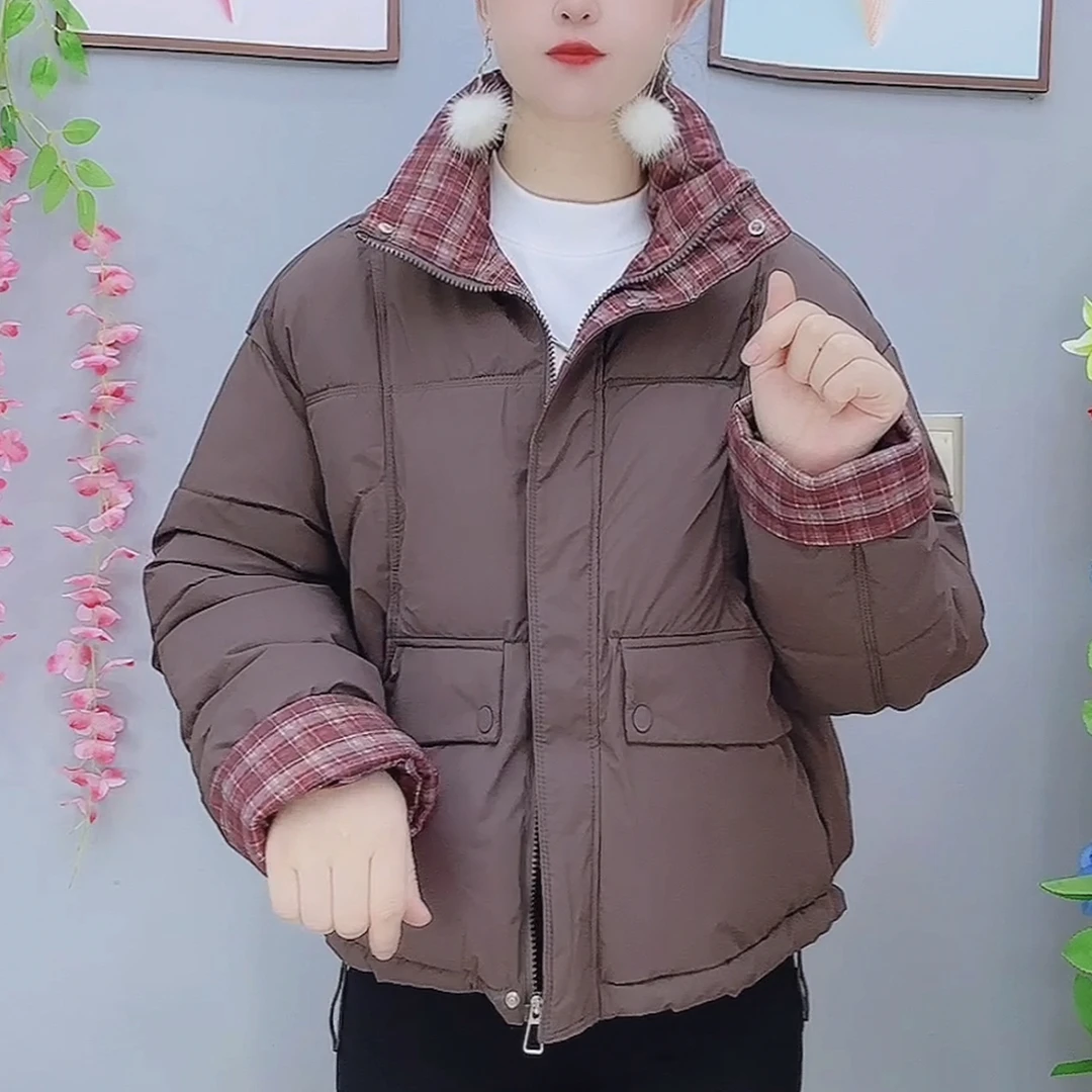 爆款洋气格子拼接短款面包服女2025冬季新款韩版立领休闲宽松棉衣