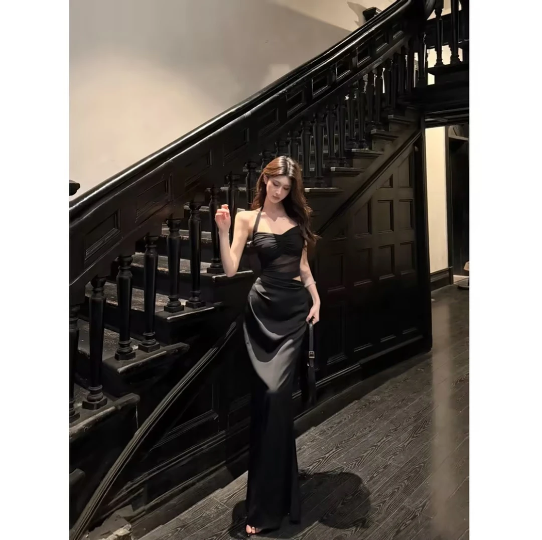 【有运补】希腊女神挂脖露背网纱连衣裙辣妹性感镂空修身显瘦包臀裙