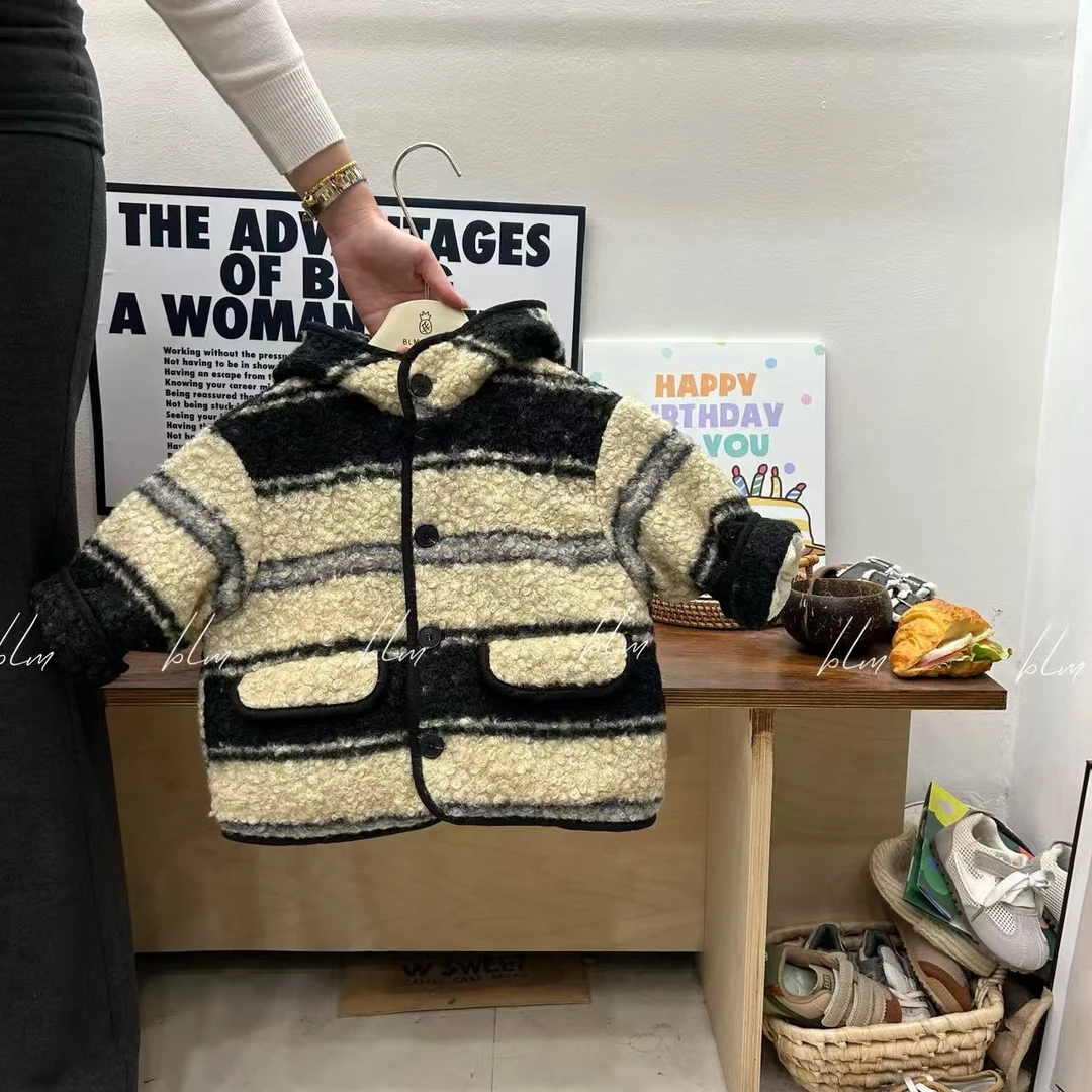 儿童2025加绒夹棉加厚男童外套秋冬加绒加厚圈圈毛条纹女童外套