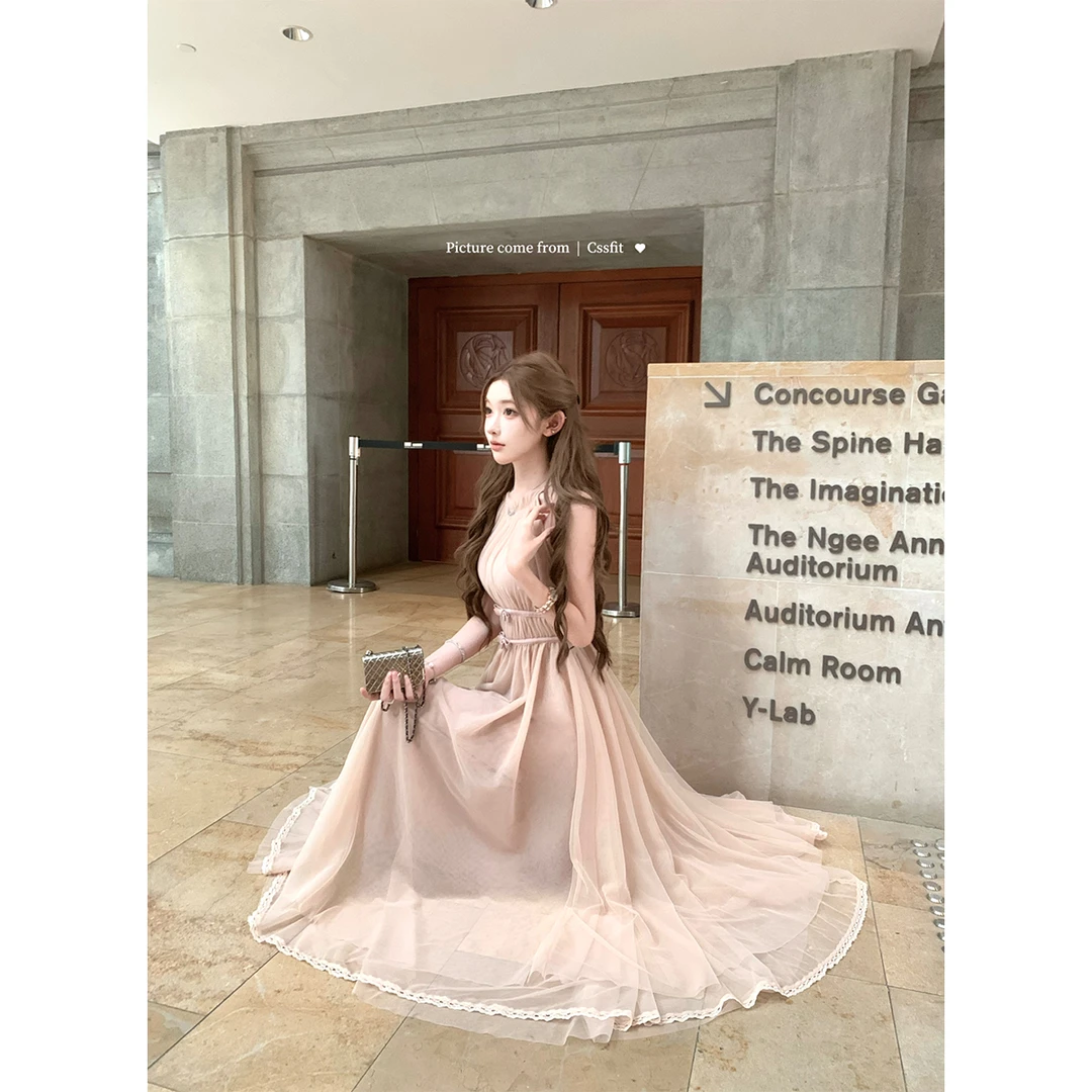 迟伞伞25/ss Sorbet微醺长款加色！裸粉/雾紫色挂脖不规则连衣裙