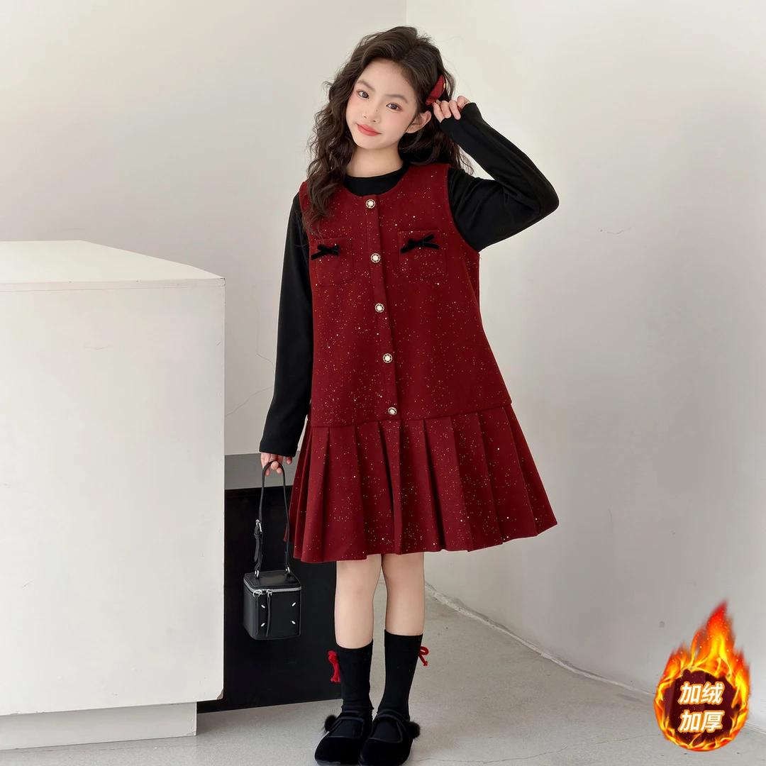 女童童小香风夹棉套装童装红色洋气冬季年服加绒亮片马甲裙套装