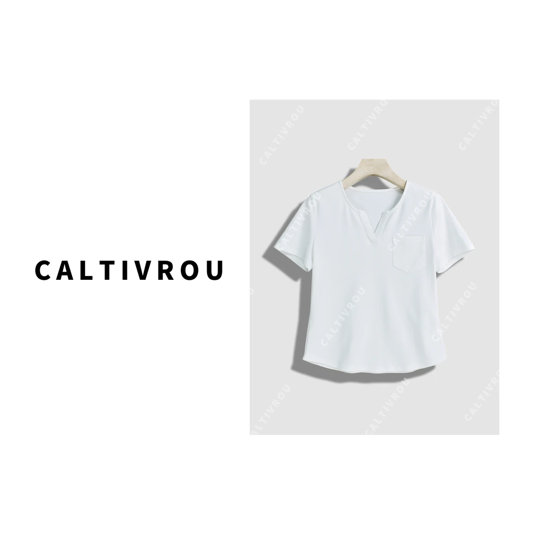 Caltivrou简约显瘦口袋设计感V领T恤-Y15080