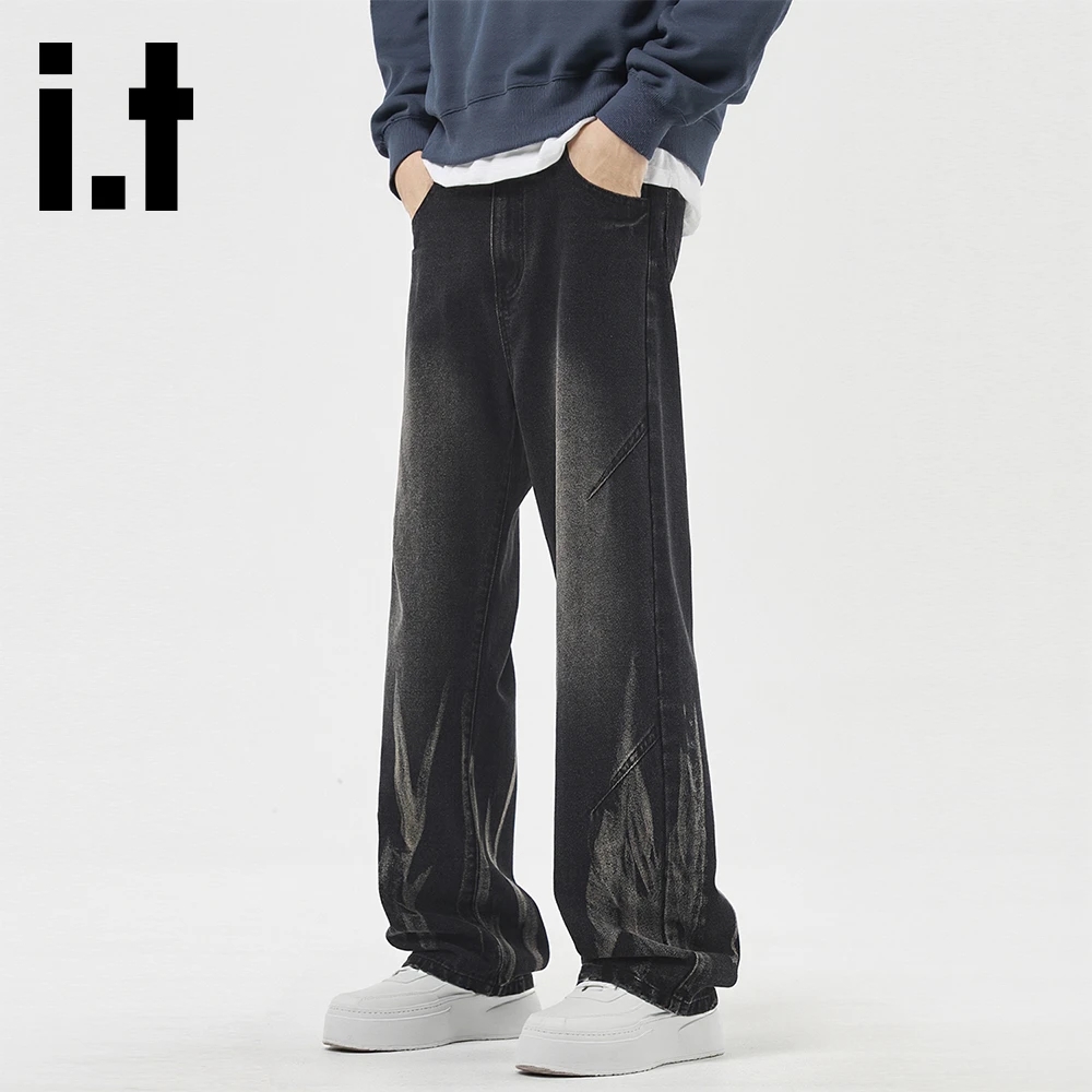 it:CHOCOOLATE美式复古扎染牛仔裤男秋季水洗渐变高街风阔腿长裤