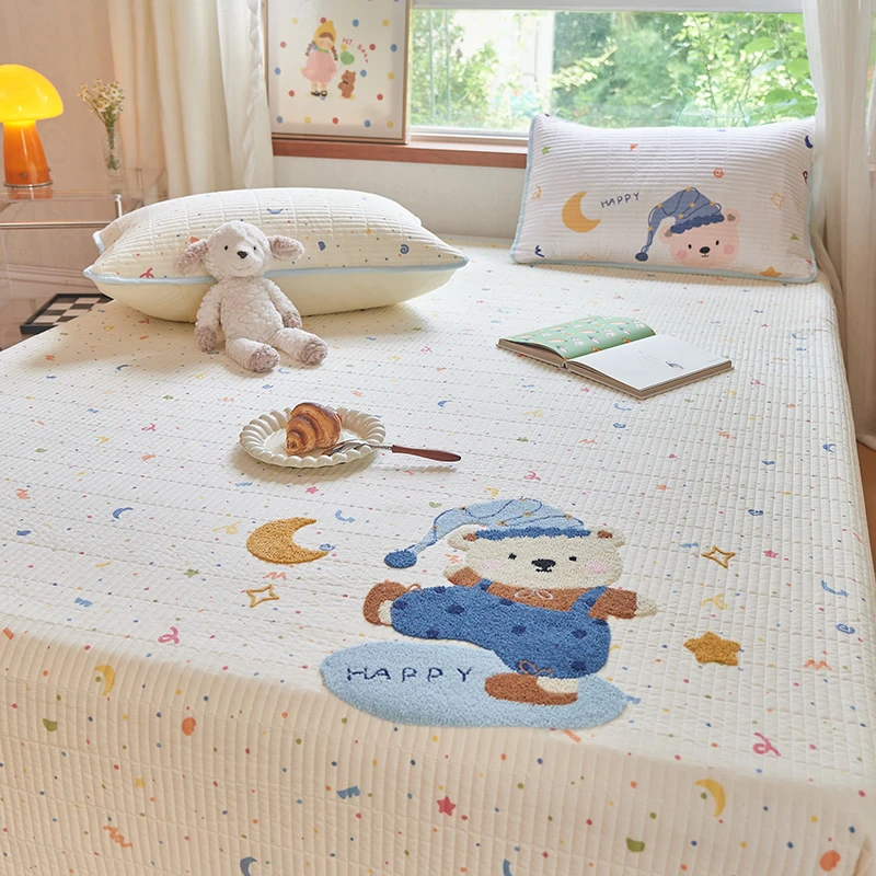 月亮熊榻榻米毛巾绣床盖单件2025新款非全纯棉夹棉床单三件套床品