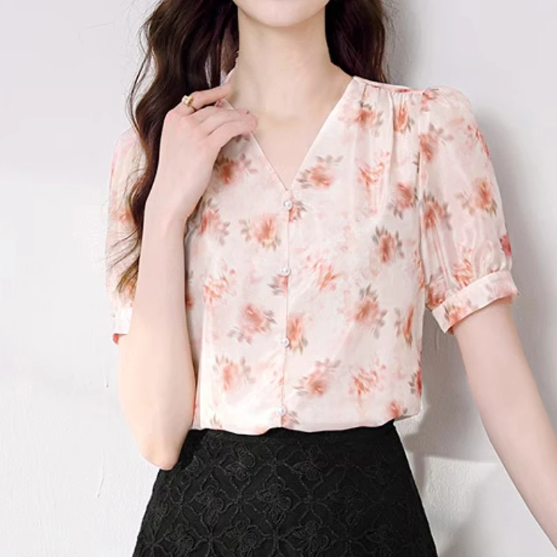 女装常规薄款春季碎花夏季清纯风衬衫印花洋气小衫上衣显瘦欧若风