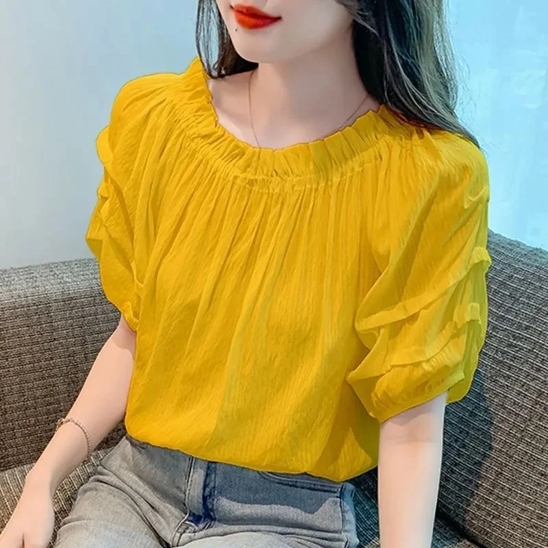 短袖女遮肚雪纺衫夏季2025年新款锁骨法式泡泡袖仙女上衣超仙甜美