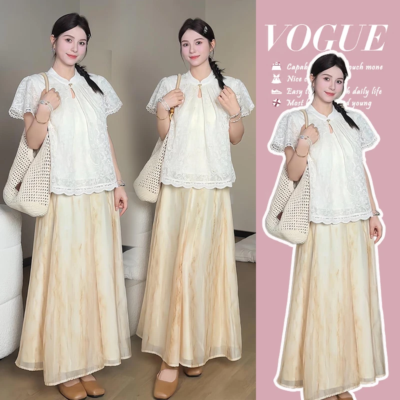孕妇夏季立体重工蕾丝钩花高级感轻奢优雅风气质上衣半身裙两件套