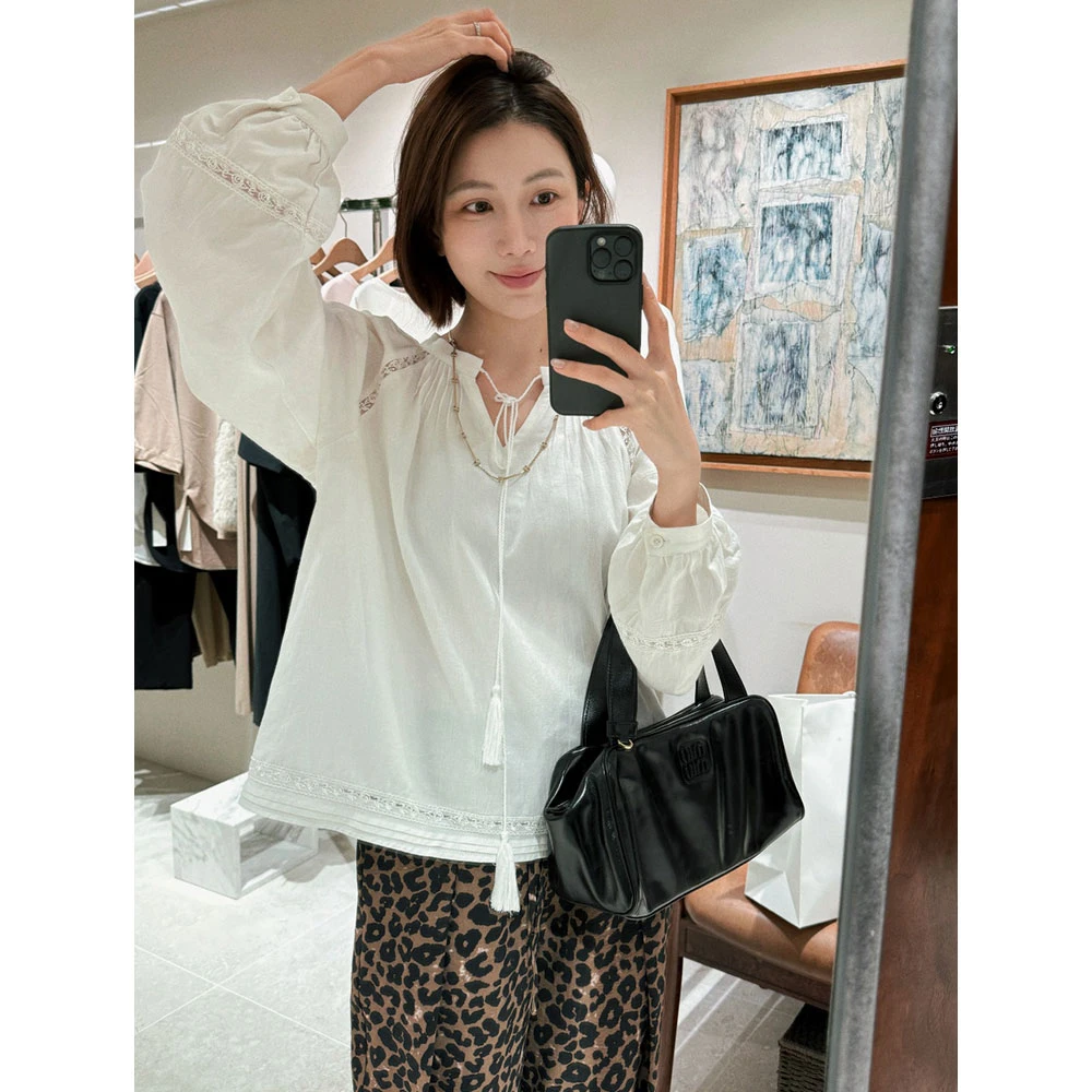 【MGDM】法式浪漫长绒棉玫瑰蕾丝V领流苏穗长袖罩衫海边衬衫上衣